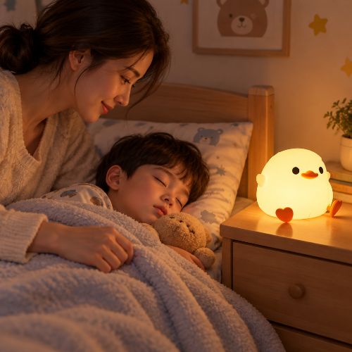 bebe veilleuse, canard près d'une maman couvrant son garçon endormi