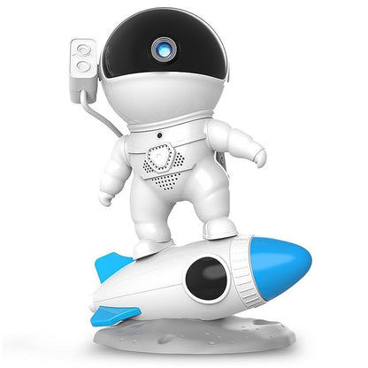 Veilleuse astronaute blanc sur fusée bleue avec haut-parleur projection lumineuse bébé