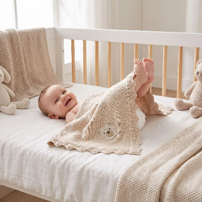 Couverture bebe tricot beige ours brodée Bébé souriant beige lit