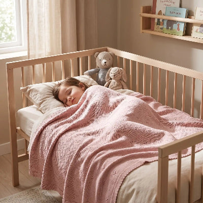 Couverture bebe tricot rose poudrée Enfant dort dans lit brun