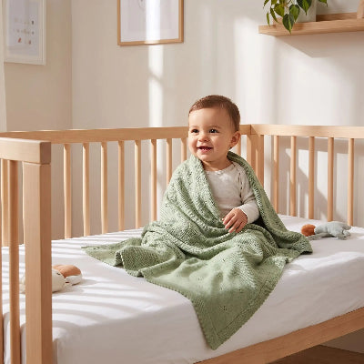 Couverture bebe tricot verte bébé souriant assis lit brun