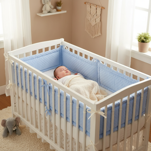Tour de lit bébé bleu clair bébé sur  dos dort