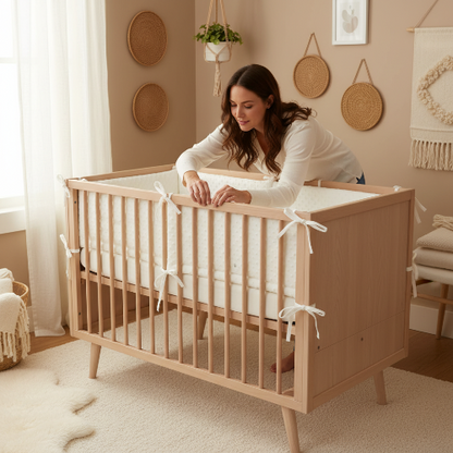 Tour de lit bébé crème maman installe dans lit bébé brun