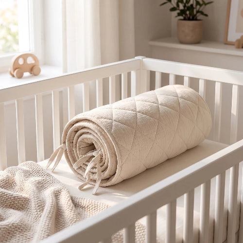 Tour de lit bebe kaki enrouler dans lit bebe blanc