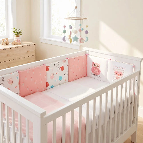 Tour de lit bebe motifs hiboux oiseaux fleurs 6 pièces lit blanc
