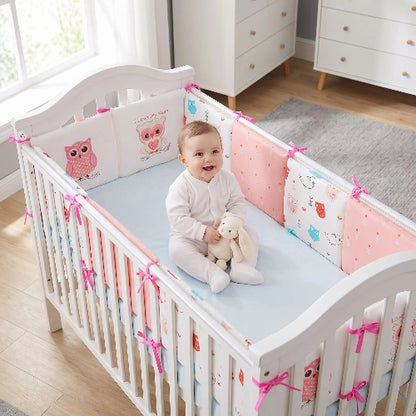 Tour de lit bebe motifs hiboux oiseaux fleurs bébé assis souriant 
