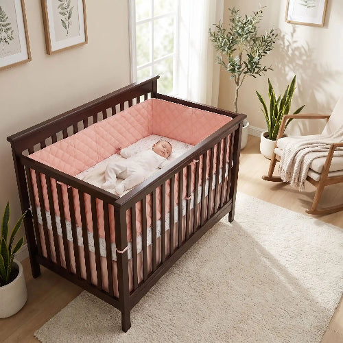 Tour de lit bebe rose bébé dort dans un lit marron