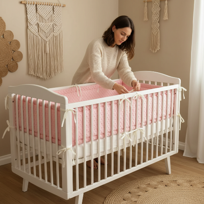 Tour de lit bébé rose maman installe dans lit bébé