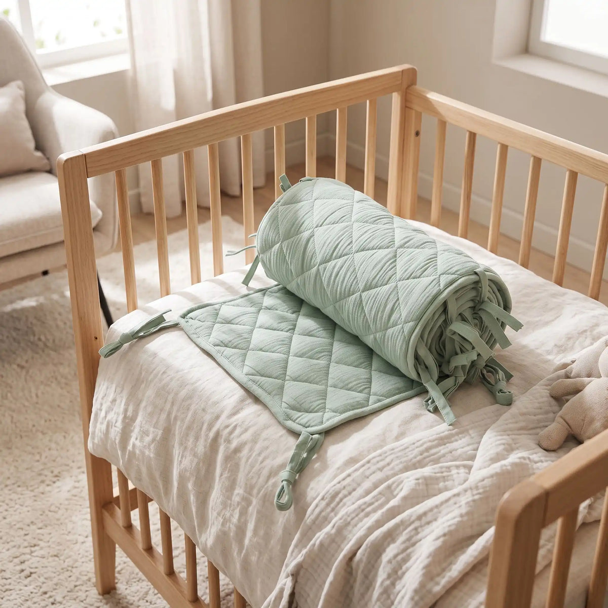 Tour de lit bebe vert enrouler sur le lit brun
