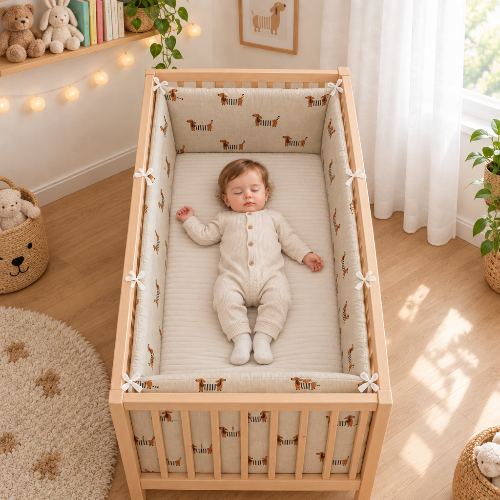 Tour de lit motifs teckels Bébé endormi, sur le dos