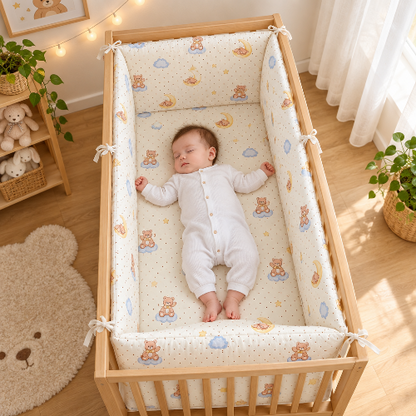 Tour de lit ourson lune Bébé dort profondément lit bois 