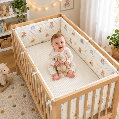 Tour de lit oursons lune, installé l'intérieur lit, bébé assis
