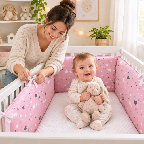 Tour de lit rose étoilés maman installant bébé assis sourit