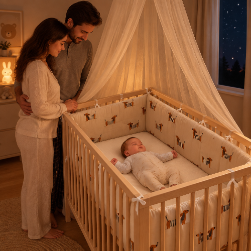 Tour de lit teckels Bébé endormi nuit,ciel lit beige, parents attendris