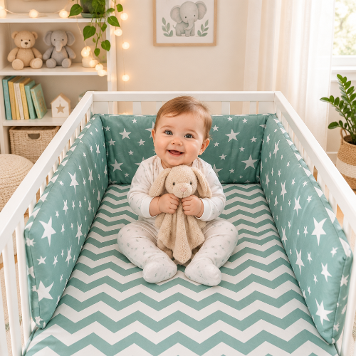 Tour de lit vert étoiles chambre décorée bébé sourit avec doudou