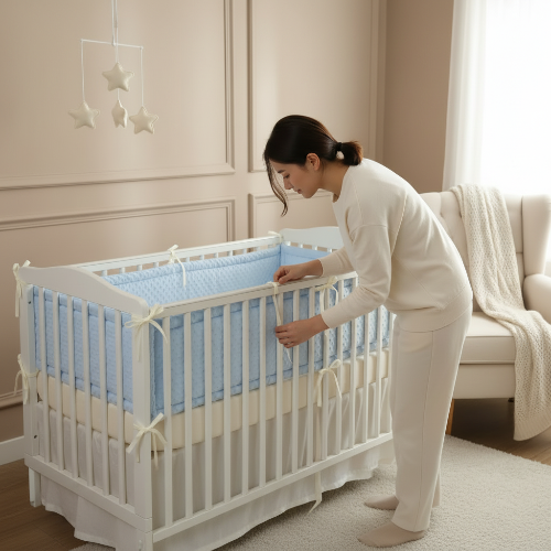 Tour de lit bébé bleu clair maman installé dans  lit