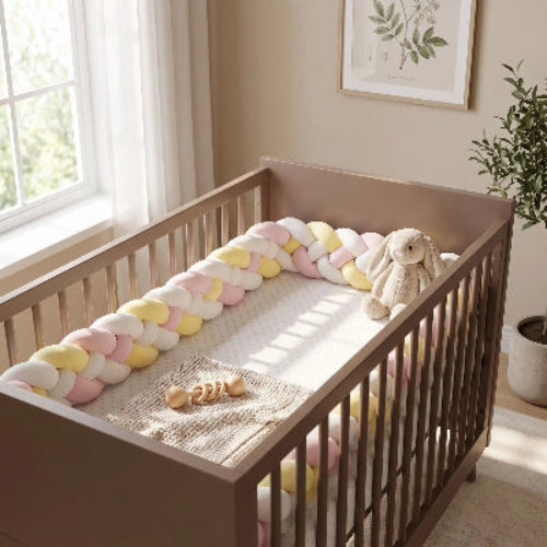 Tresse de lit jaune rose blanc installée dans lit brun