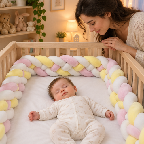 Tresse de lit, rose jaune blanc bébé dort, maman regarde