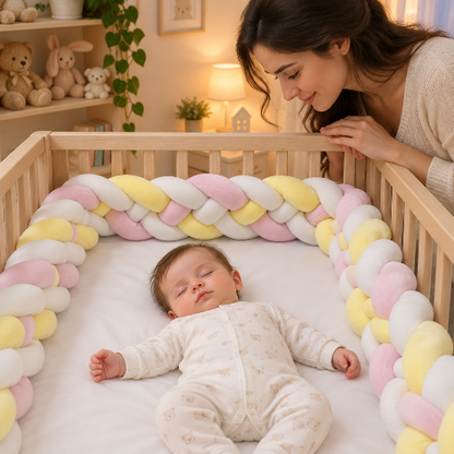Tresse de lit, rose jaune blanc bébé dort, maman regarde