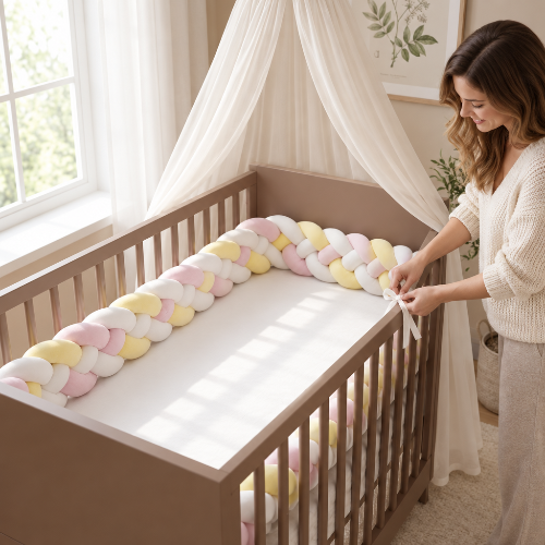 Tresse de lit, rose jaune blanc, maman attache ciel lit