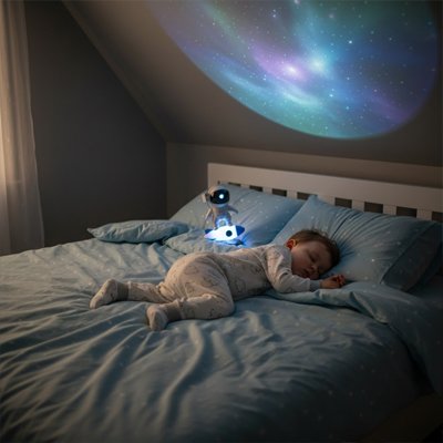 Bébé endormi lit avec veilleuse astronaute projection nébuleuse turquoise plafond ambiance nuit