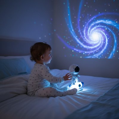 Bébé pyjama blanc regarde veilleuse astronaute projection galaxie spirale bleue mur chambre