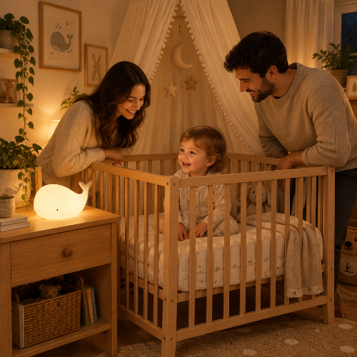 bebe veilleuse, baleine allumée, enfant assis et parents souriant