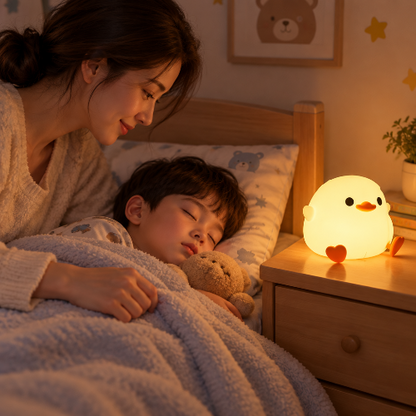 bebe veilleuse, canard près d'une maman couvrant son garçon endormi