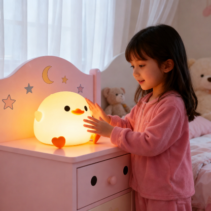 bebe veilleuse, canard touchée par petite fille en pyjama rose