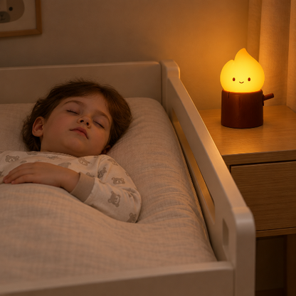 bebe veilleuse, près d’un enfant endormi dans son lit