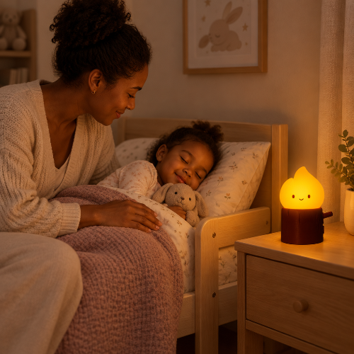 bebe veilleuse, près d’une mère bordant sa fille au coucher