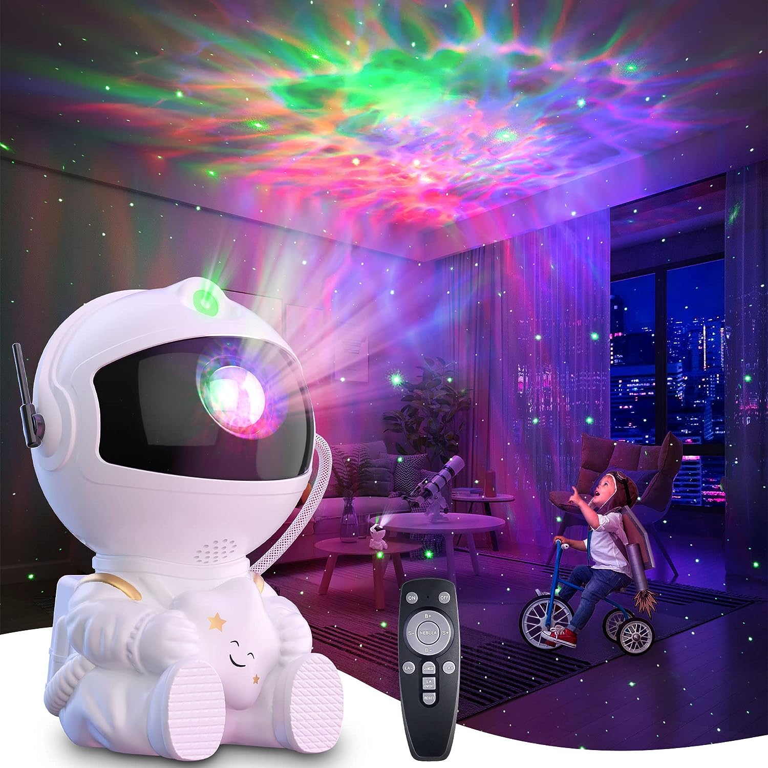 Enfant tricycle regarde veilleuse astronaute blanc projection galaxie multicolore plafond chambre avec télécommande