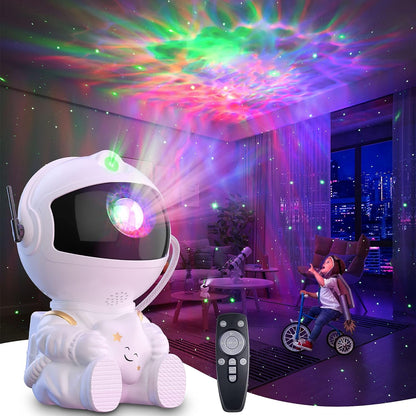 Enfant tricycle regarde veilleuse astronaute blanc projection galaxie multicolore plafond chambre avec télécommande