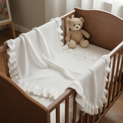 Couverture bebe tricot blanche ouverte lit brun