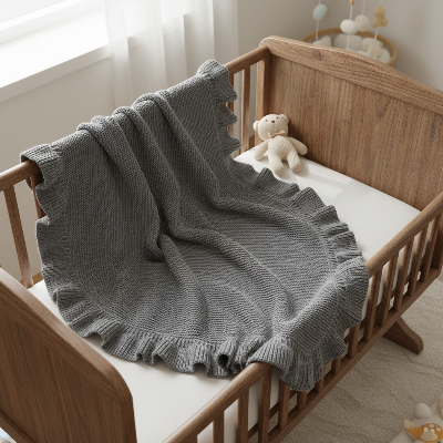 Couverture bebe tricot grise ouverte lit brun