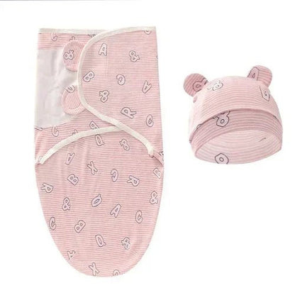 Couverture emmaillotage rose motifs animaux bonnet assorti oreilles fond blanc doudou sommeil nourrisson confort ensemble