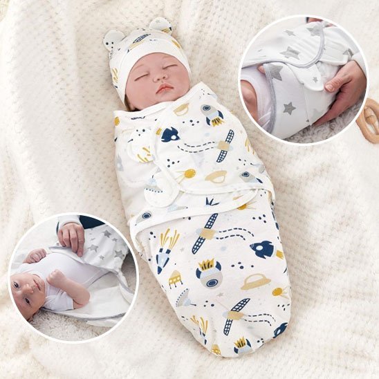 Couverture emmaillotage blanche motifs colorés bébé dort bonnet tapis moelleux deux photos démonstration  sommeil confort