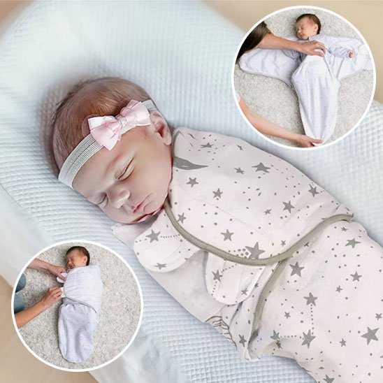 Couverture emmaillotage blanche étoiles grises bébé dort bandeau rose réducteur lit deux photos démonstration doudou sommeil