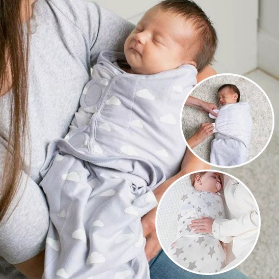Couverture emmaillotage grise étoiles maman tient bébé bras deux photos démonstration utilisation doudou sommeil nourrisson