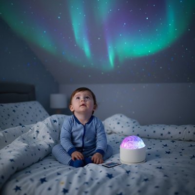 Enfant en pyjama bleu regarde veilleuse projection aurore boréale verte plafond chambre étoilée