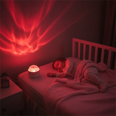Enfant endormi lit avec veilleuse projection nébuleuse rouge rose plafond ambiance apaisante nuit