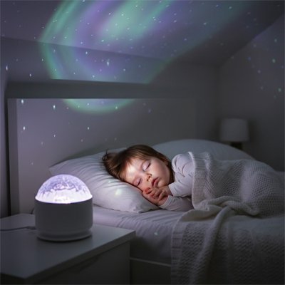 Enfant endormi lit gris avec veilleuse ronde projection aurore boréale violette verte plafond nuit