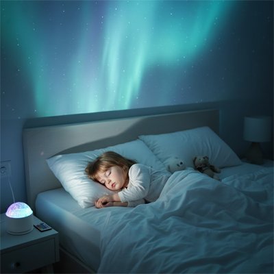 Enfant endormi lit gris avec veilleuse ronde projection aurore boréale turquoise bleue plafond chambre