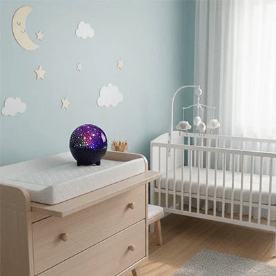 Veilleuse projection bébé posée sur commode dans chambre décorée avec lune et nuages muraux, lit blanc à côté
