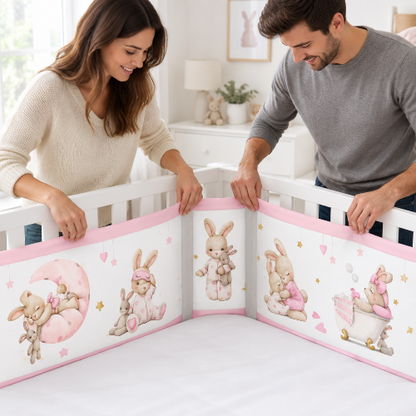 tour de lit respirant, rose motif lapin papa maman installant  lit