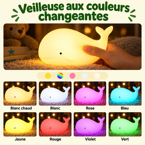bebe veilleuse, baleine et ses huits couleurs lumineuses