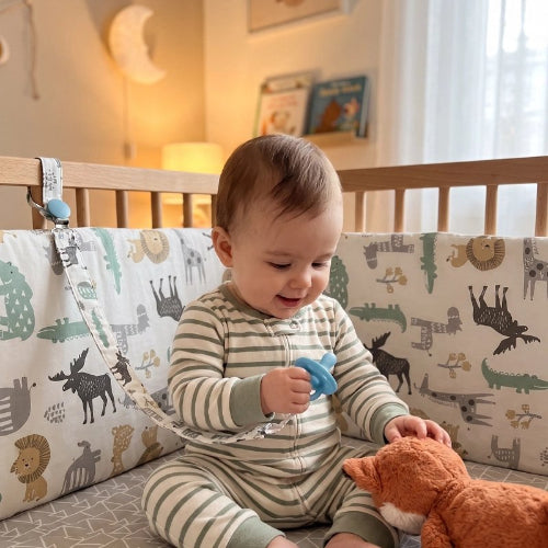 Tour de lit bébé animaux, bébé assis joue avec doudou