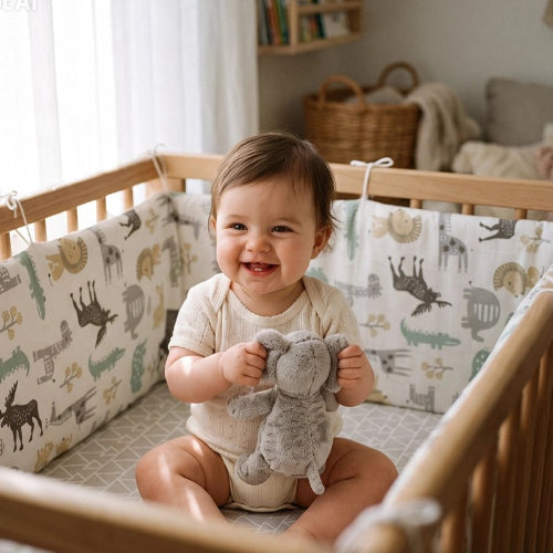 Tour de lit bébé animaux, bébé souriant tient doudou