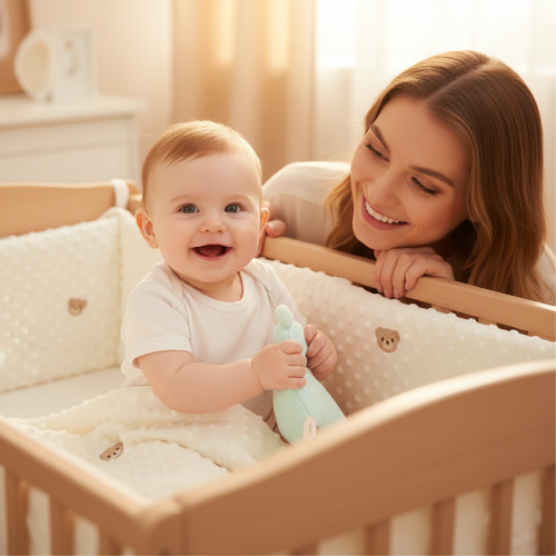 Tour de lit Bébé broderie ourson maman sourit bebe assit 