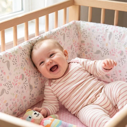 Tour de lit bébé cygne bébé souriant lit en bois